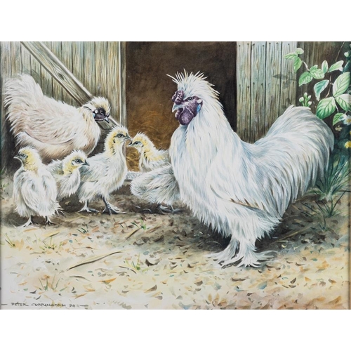 412 - *Peter Currington (British, contemporary school) Silkie chickens outside a barn signed and dated low... 