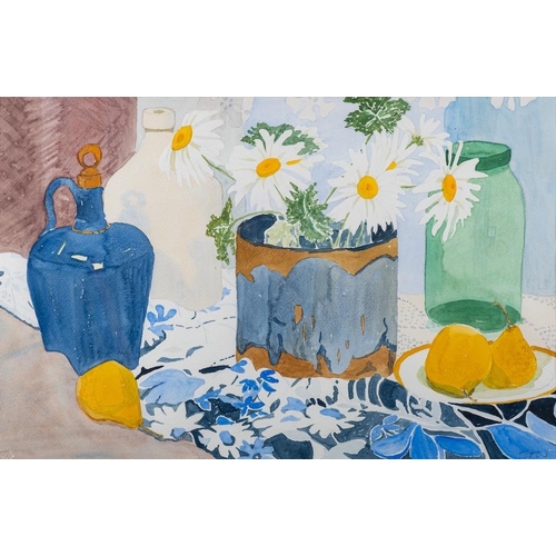 413 - British School (second half 20th century) Still life of daisies, pears and crockery on a table initi... 