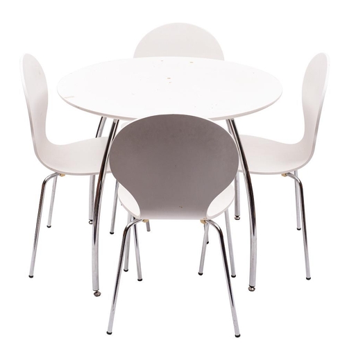 422 - A white laminate and metal breakfast table and four matching ''Ant'' chairs, in the manner of Arne J... 