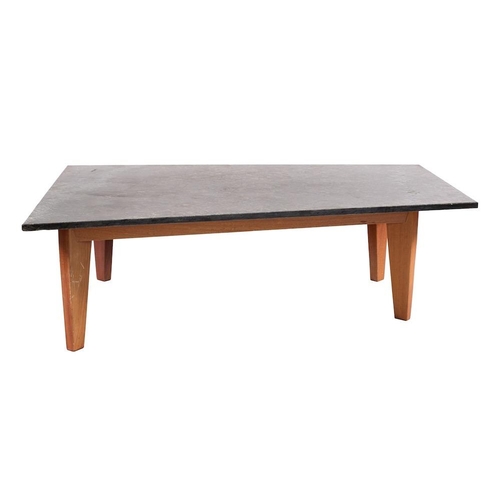 429 - A Continental marble topped teak coffee table, circa 1970s; the trapezoidal Italian green serpentine... 