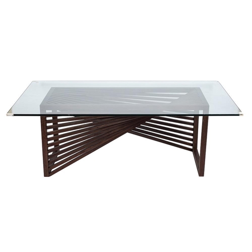 432 - A wenge wood and glass dining table, modern; the rectangular top on a base formed of two groups of r... 