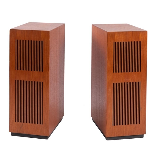 444 - A pair of rectangular teak music speakers, circa 1960s; the fronts with two tiers of pierced fluting... 
