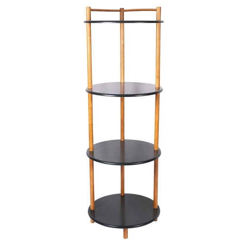 445 - A stained beech and green painted four tier etagere, modern; the top shelf with open corner gallery ... 