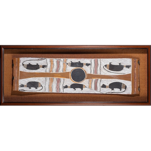 150A - Nanyin Maymuru 
(Australian Aboriginal, 1918-69)
Six Possums climbing the Munytjutj
Chalk on Bark
24... 