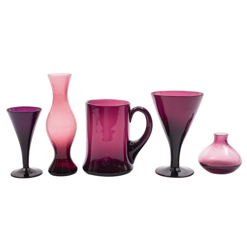 1 - A mixed group of amethyst coloured glass, including a ships decanter, wine glasses, glass coolers ju... 