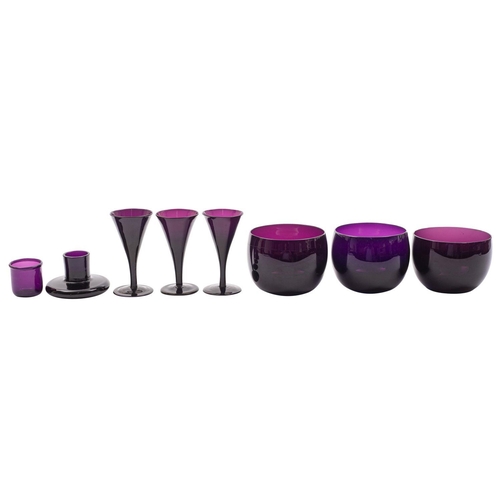 1 - A mixed group of amethyst coloured glass, including a ships decanter, wine glasses, glass coolers ju... 