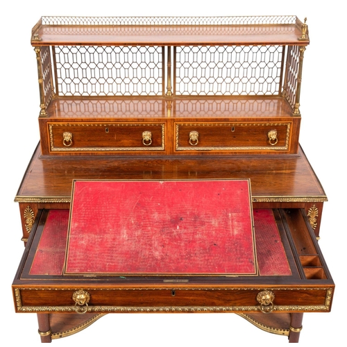 1027 - A Regency rosewood, inlaid and brass mounted Bonheur du Jour in the manner of John McLean, bordered ... 