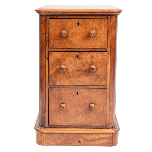 1066 - A Victorian burr walnut pedestal chest; with three drawers on a plinth base (formerly part of a dres... 