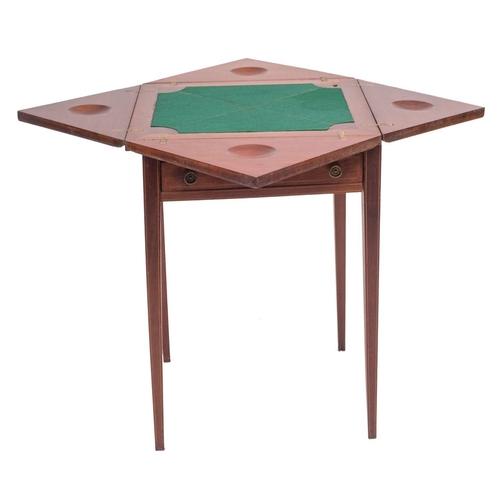 1098 - An Edwardian mahogany and inlaid envelope card table, bordered with boxwood lines, the square satinw... 