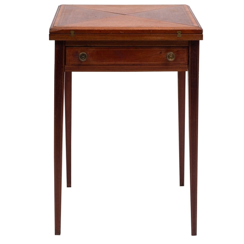 1098 - An Edwardian mahogany and inlaid envelope card table, bordered with boxwood lines, the square satinw... 