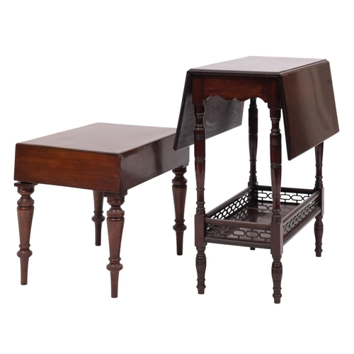 1103 - An Edwardian mahogany drop flap occasional table; with a rectangular hinged top, on turned legs unit... 