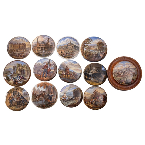 116 - A collection of Pratt Ware pottery pot lids, 19th century titles include 'I See You My Boy/Philadelp... 