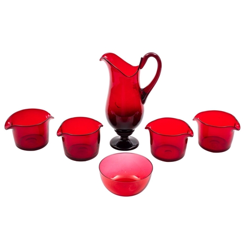 12 - A mixed group of red and cranberry glass, including wine glasses [some moulded], glass coolers, a ju... 