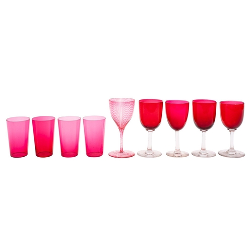 12 - A mixed group of red and cranberry glass, including wine glasses [some moulded], glass coolers, a ju... 