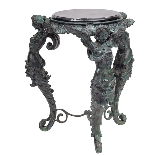 1202 - A verdigris patinated metal and marble mounted gueridon in the manner of a tripod Athenienne, of rec... 