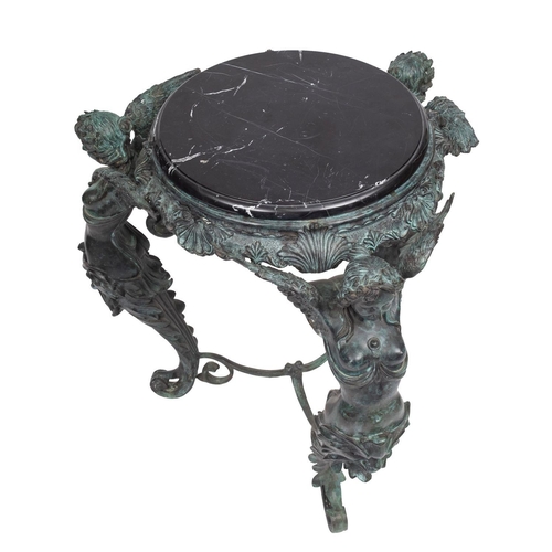 1202 - A verdigris patinated metal and marble mounted gueridon in the manner of a tripod Athenienne, of rec... 