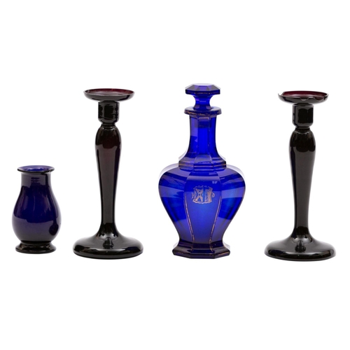 2 - A mixed quantity of blue glass, including a 'Bristol' blue Rum decanter, table scent, a rolling pin,... 