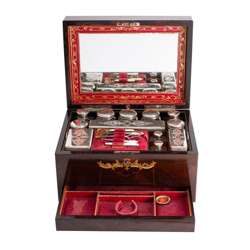 255 - A Victorian rosewood, gilt brass and mother-of-pearl inlaid dressing case, circa 1880; the hinged co... 