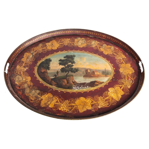 268 - A Regency toleware oval tray, early 19th century; the raised outer edge with stylised laurel enclosi... 