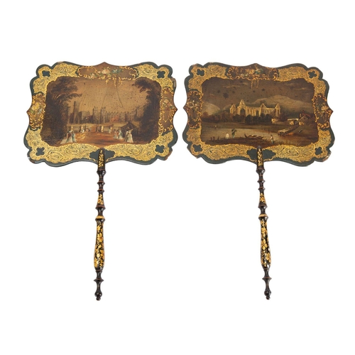 292 - A pair of Victorian papier mache face screens, mid-19th century, the cartouche-form panels painted w... 