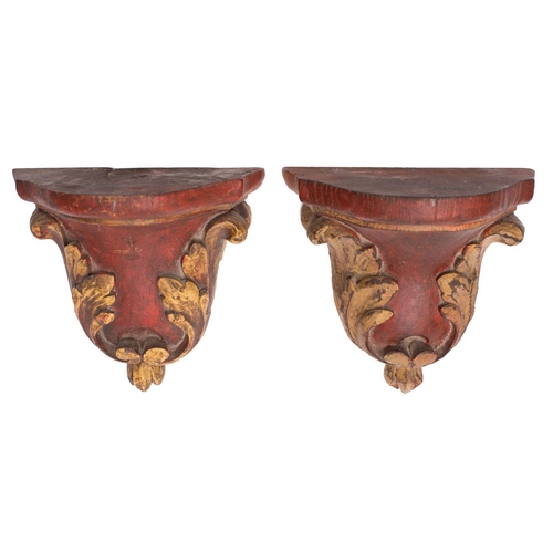 293 - A pair of French carved and painted wood wall brackets, in Louis XV taste, 19th century; the shaped ... 