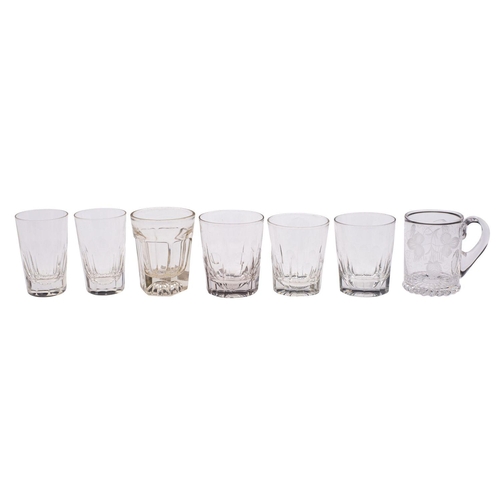 33 - A mixed group of drinking glasses, comprising an ale mug engraved with hops and barley, a small trum... 