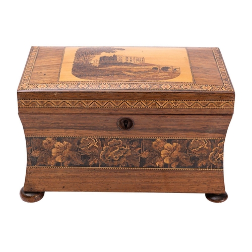 345 - A Victorian rosewood and Tunbridgeware tea caddy, circa 1875; the hinged and slightly domed cover wi... 