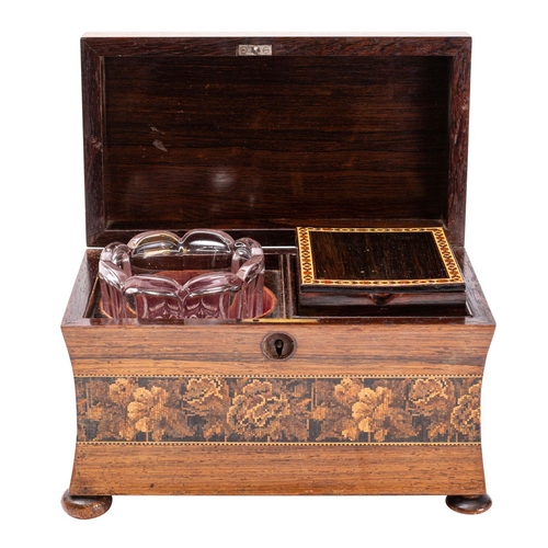 345 - A Victorian rosewood and Tunbridgeware tea caddy, circa 1875; the hinged and slightly domed cover wi... 