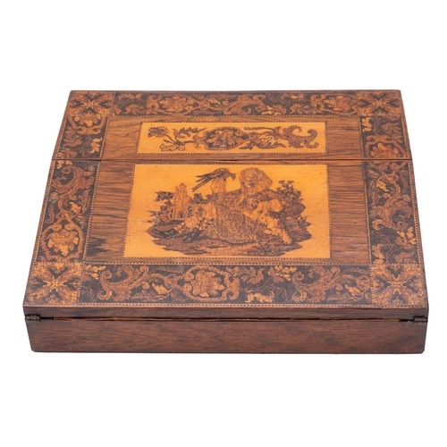 346 - A Victorian rosewood and Tunbridgeware writing slope, late 19th century; the hinged cover and top wi... 