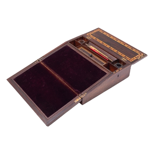 346 - A Victorian rosewood and Tunbridgeware writing slope, late 19th century; the hinged cover and top wi... 