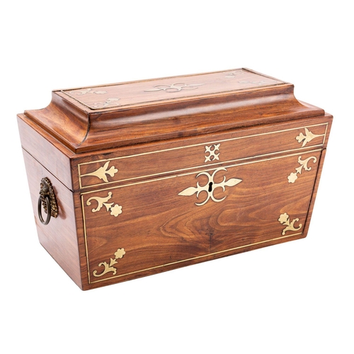 347 - A George IV hardwood, probably padouk and brass inlaid tea caddy, circa 1825; of sarcophagus form, t... 