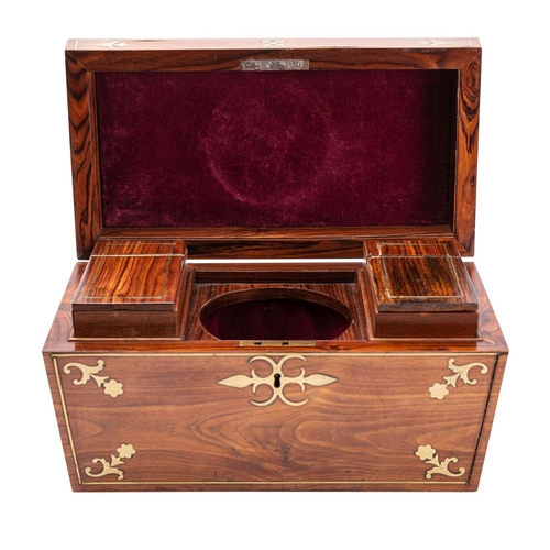 347 - A George IV hardwood, probably padouk and brass inlaid tea caddy, circa 1825; of sarcophagus form, t... 