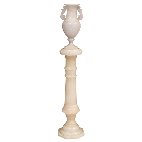 360 - An Italian sculpted alabaster lamp, and associated alabaster pedestal, 20th century; the urn form tw... 