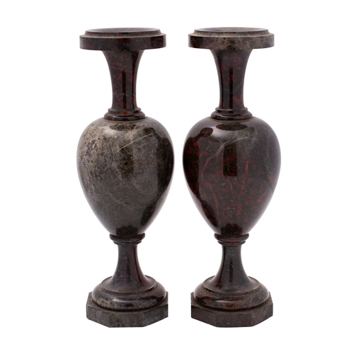 362 - A pair of Cornish serpentine urns, early 20th century; with everted rims and waisted necks to ovoid ... 