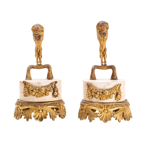 368 - A pair of Regency ormolu and marble mounted ornaments or stands modelled with hounds, early 19th cen... 