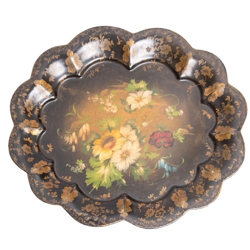 376 - A pair of Victorian tole peinte trays, late 19th century; of oval form with lobed edges, decorated w... 