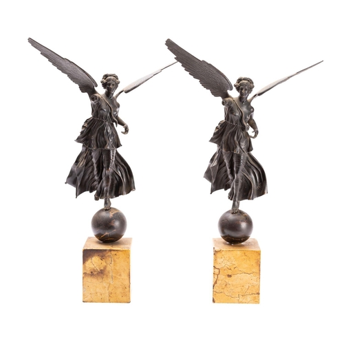 381 - A pair of Neapolitan bronze and marble mounted Grand Tour souvenir models of winged Nikes, late 19th... 