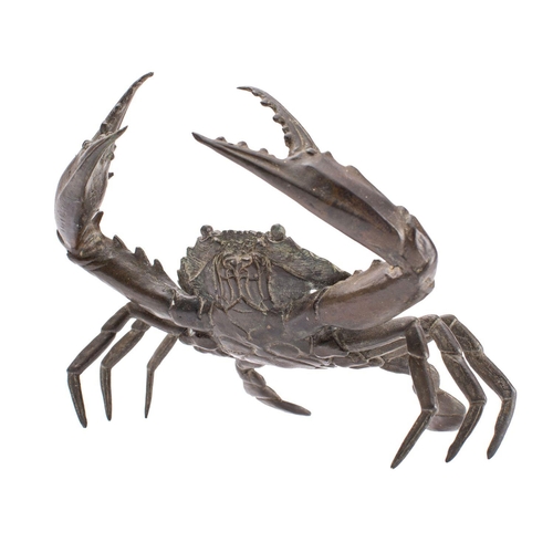 385 - A Japanese bronze study of a crab; naturalistically modelled  with claws open, Meiji/20th century; 2... 