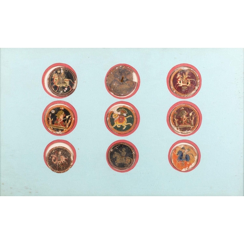 392 - A collection of Indian Ganjifa painted playing cards decorated with equestrian figures and fruit, 19... 