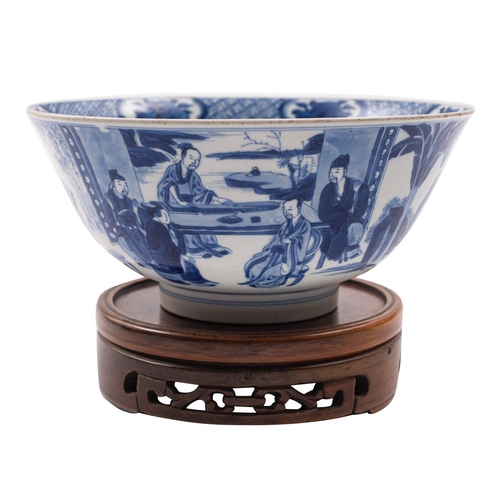 75 - A Chinese blue and white 'scholars' bowl with gently flared rim, the exterior finely painted with sc... 