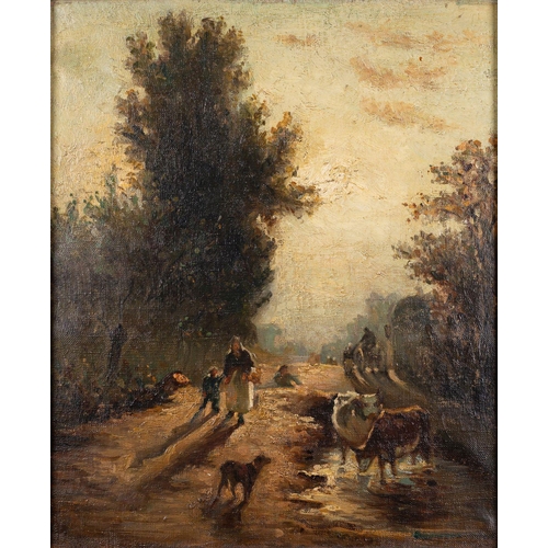 775 - Attributed to Constant Troyon (French, 1810-1865) Figures on a lane with cattle watering Oil on canv... 