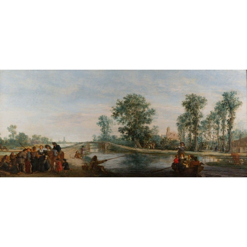 776 - Dutch School (17th Century) Extensive landscape with people gathering on the road by a river , fishe... 