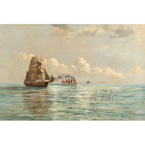 784 - Samuel Sykes (British, 1865-1920) Shipping on a calm sea signed lower right and later inscribed to s... 