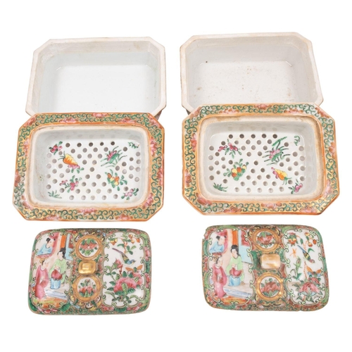 79 - A pair of Chinese Canton famille rose soap dishes, covers and liners painted in traditional style wi... 