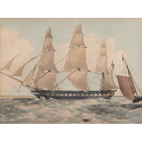 794 - WITHDRAWN British School, 19th Century A two decker Man of War at anchor Grey wash 29.5 x 39 cm, tog... 