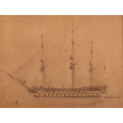 794 - WITHDRAWN British School, 19th Century A two decker Man of War at anchor Grey wash 29.5 x 39 cm, tog... 