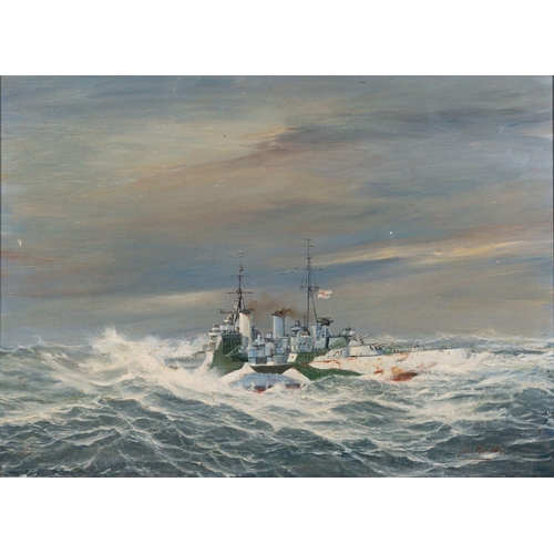 795 - * John Alan Hamilton (British, 1919-1993) A first World War frigate in dazzle camouflage Oil on boar... 