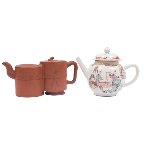 80 - A Chinese Yixing double-chamber teapot and cover and a famille rose teapot and cover the first with ... 