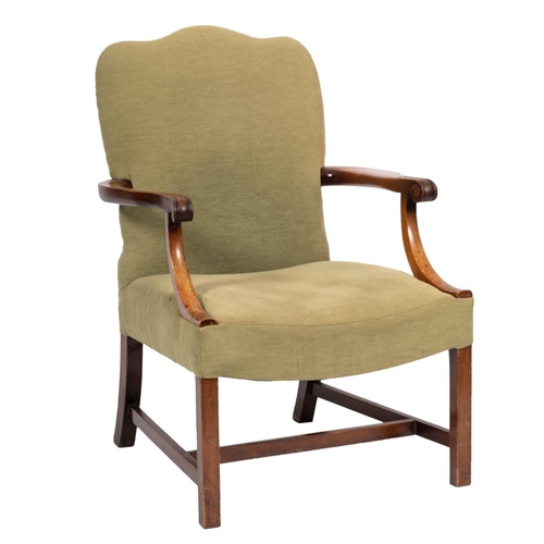 898 - A mahogany open armchair of Gainsborough type; with an upholstered stuffover cartouche shaped back, ... 