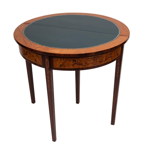 941 - A contemporary marquetry demi-lune card table; decorated with floral foliage and ribbons, the leathe... 